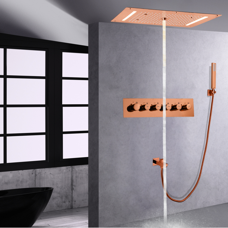 Juego de ducha de baño de techo oculto con cabezal de ducha LED termostático de lluvia de oro rosa con dispositivo de mano