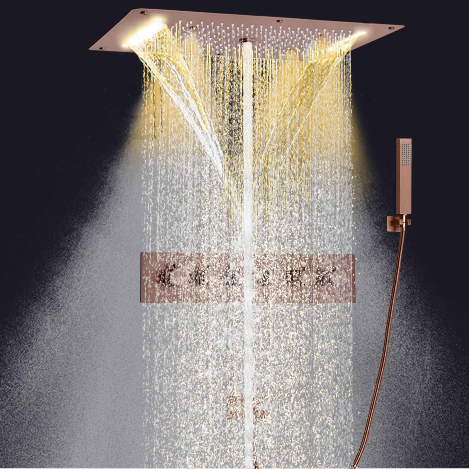 Juego de ducha marrón, baño de pared, termostático, LED, lluvia, cascada, ducha superior con sujeción de mano