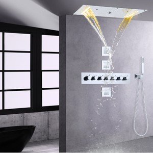 Sistema de ducha de lluvia termostático cromado 700X380 MM LED cabezal de ducha de baño de lujo con juego