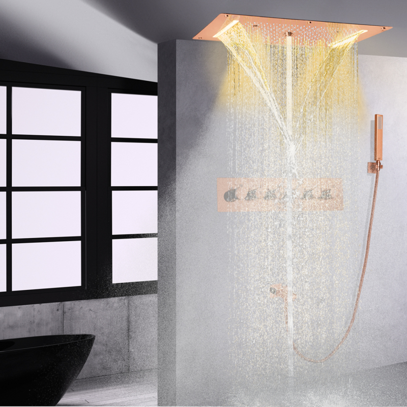 Cabezal de ducha LED termostático de lluvia de techo de oro rosa con juego de ducha de baño oculto con rociador de mano
