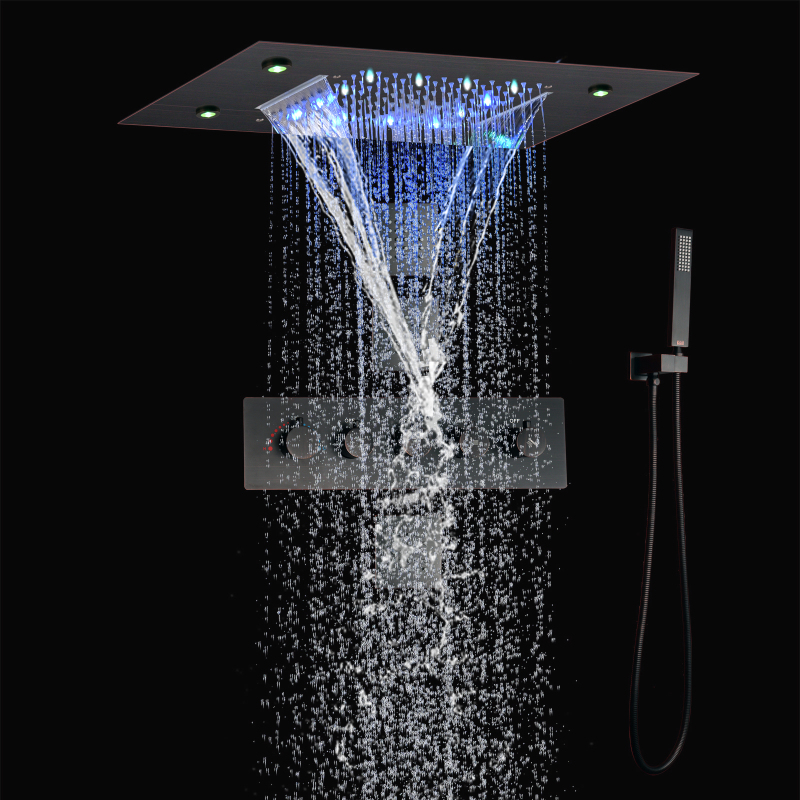 Juego de ducha de lluvia de bronce frotado con aceite, sistema de cabezal de ducha de cascada de 14X20 pulgadas, lujoso baño termostático LED, ducha de baño