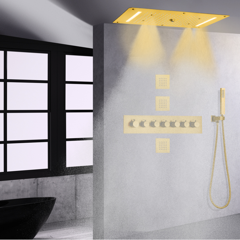 Cabezal de ducha de lluvia pulido dorado de 700x380 MM con chorros de mensajes corporales de mano juego de Grifo de ducha de baño LED termostático