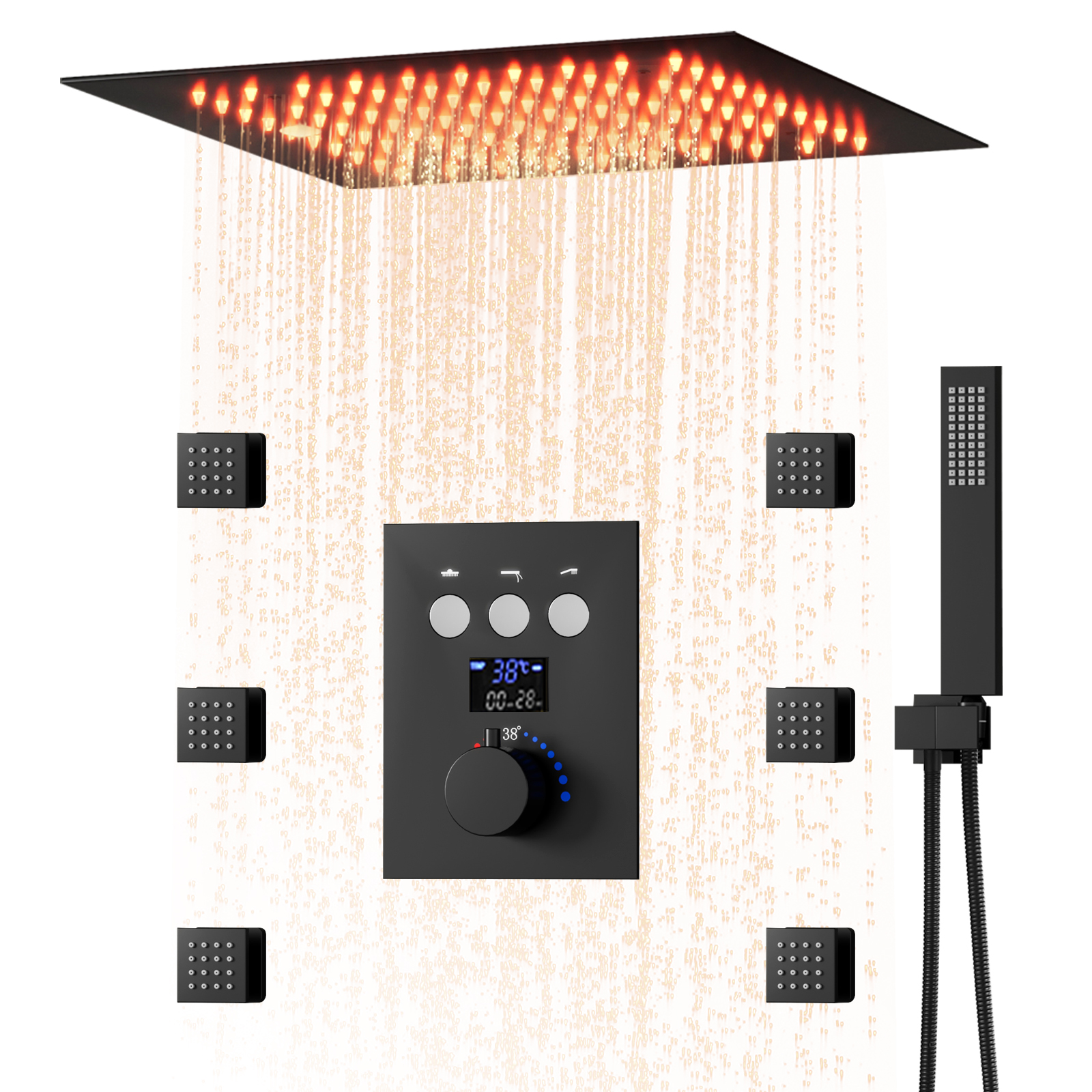 Termostato 64 LED Color Sistema de ducha tipo lluvia 3 botones de función Pantalla digital Válvulas de ducha Juego de grifos
