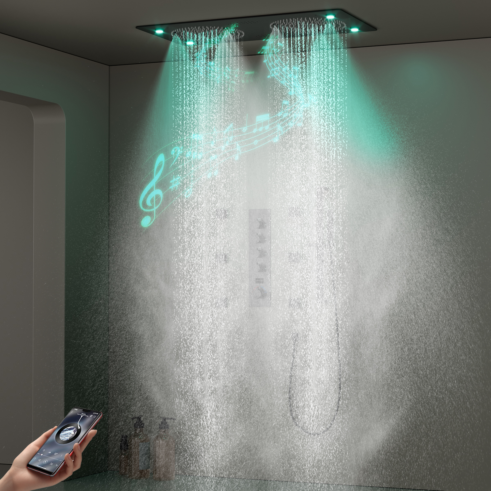 Sistema de grifo de ducha LED de latón empotrado para baño, 4 juegos de cabezal de ducha, ducha de lluvia de techo con música