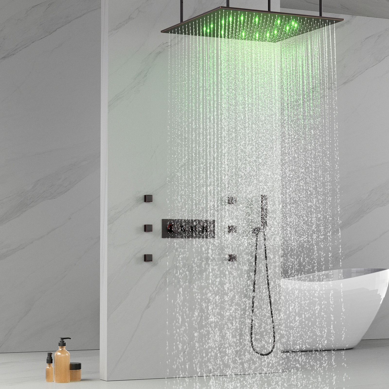 Grifo de ducha con cabezal de ducha de montaje en techo, música multifuncional, bronce, frotado con aceite, LED, ducha de lluvia, tanque, grifo de ducha