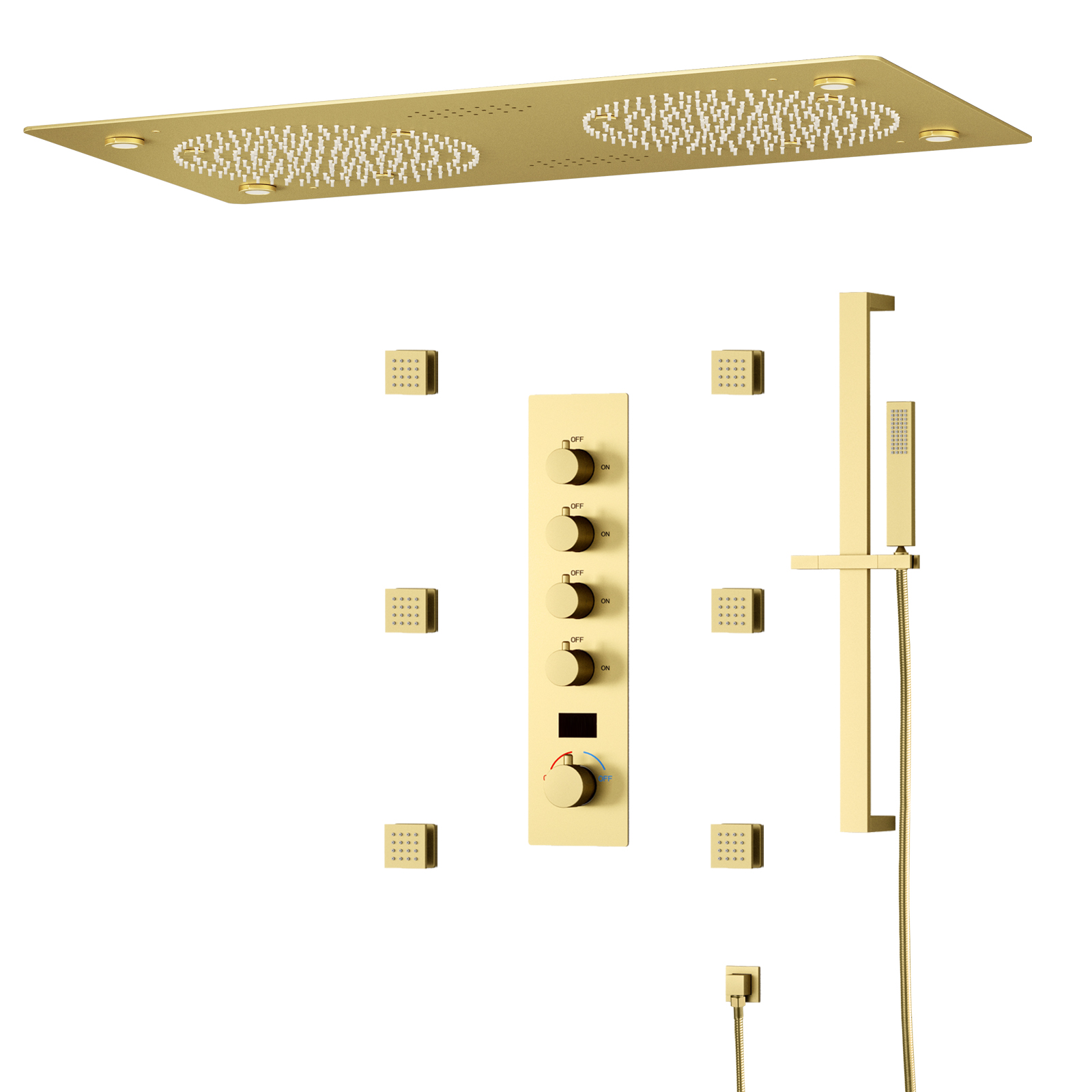 Ducha de lluvia con rociador de techo, cabezal de ducha con música LED, juego dorado, sistema de ducha con termostato de masaje con rociador de lluvia