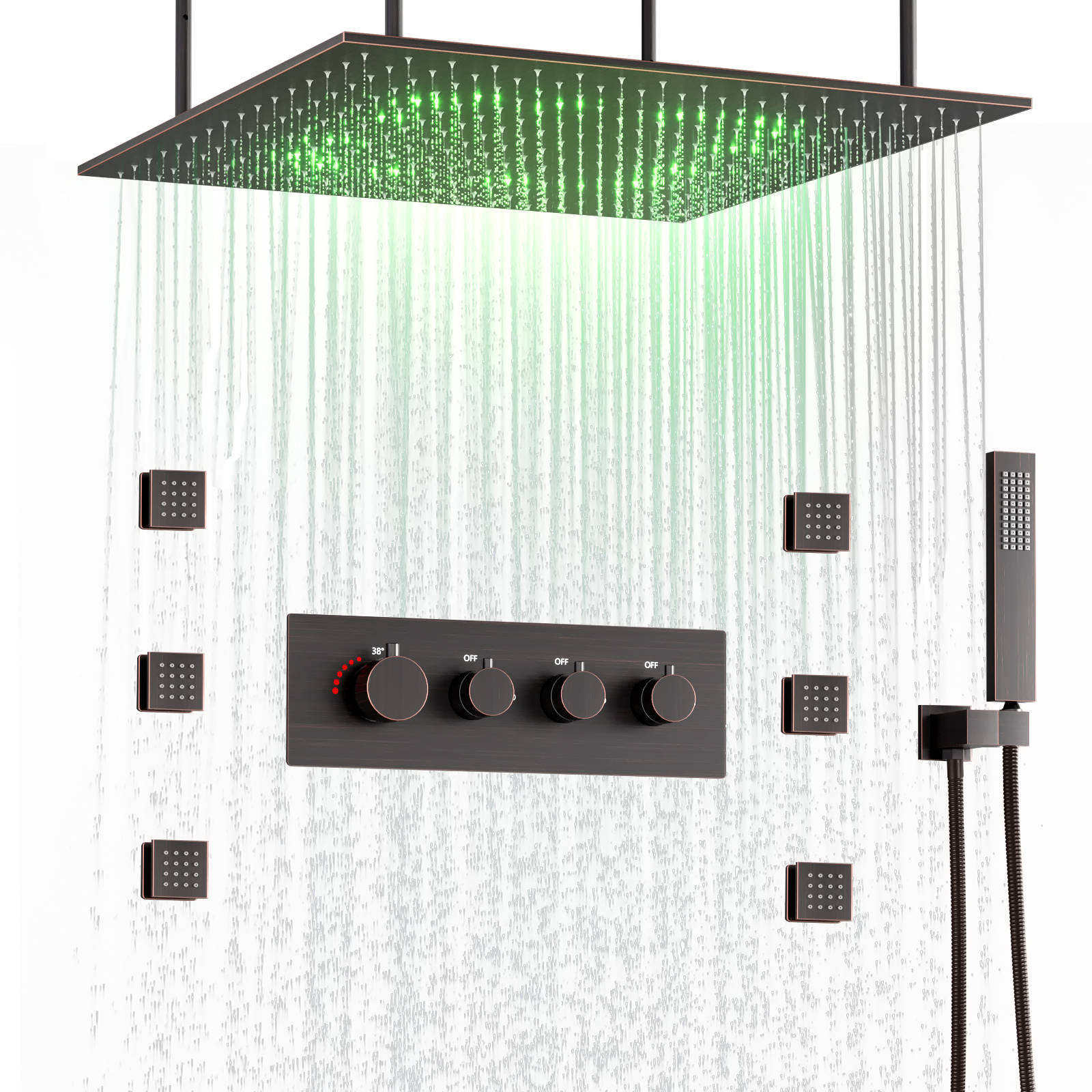 Juego de ducha tipo lluvia para baño, cabezal de ducha LED, sistema de ducha cuadrado de techo, temperatura constante inteligente