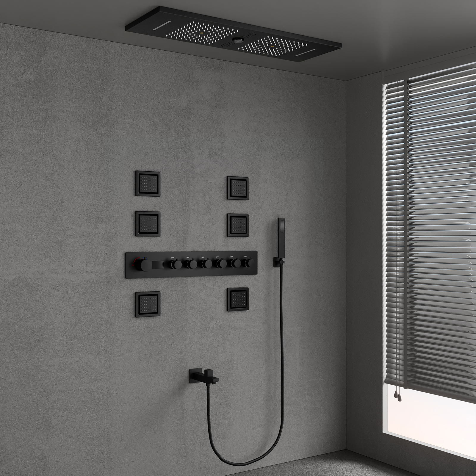 El sistema de válvula de ducha LED con música Bluetooth negro mate de 900X300MM se divide en un juego de ducha oculto