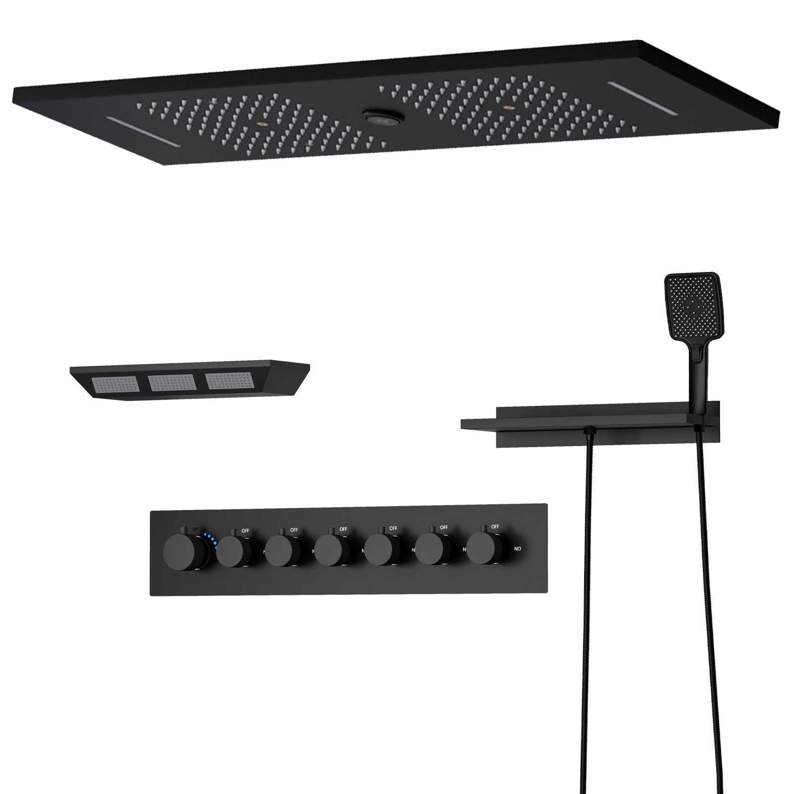 Grifo y válvula de ducha con rociador superior de ducha de lluvia de alta presión con música de latón cuadrado con luz LED de 90x30Cm