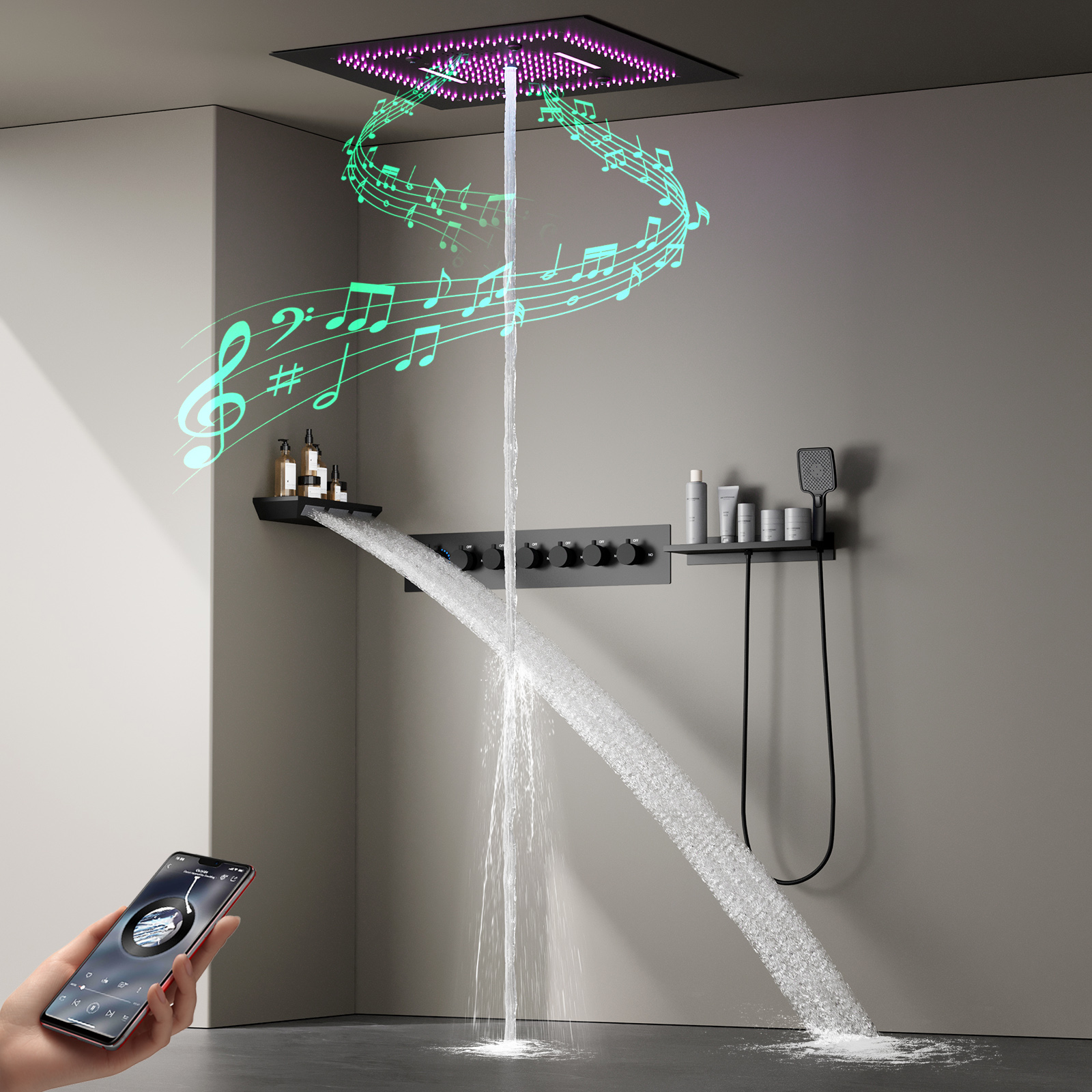 Juego de cabezal de ducha de temperatura constante LED de techo de baño de 600x600mm con Kit de grifo de ducha multifuncional de cascada de lluvia