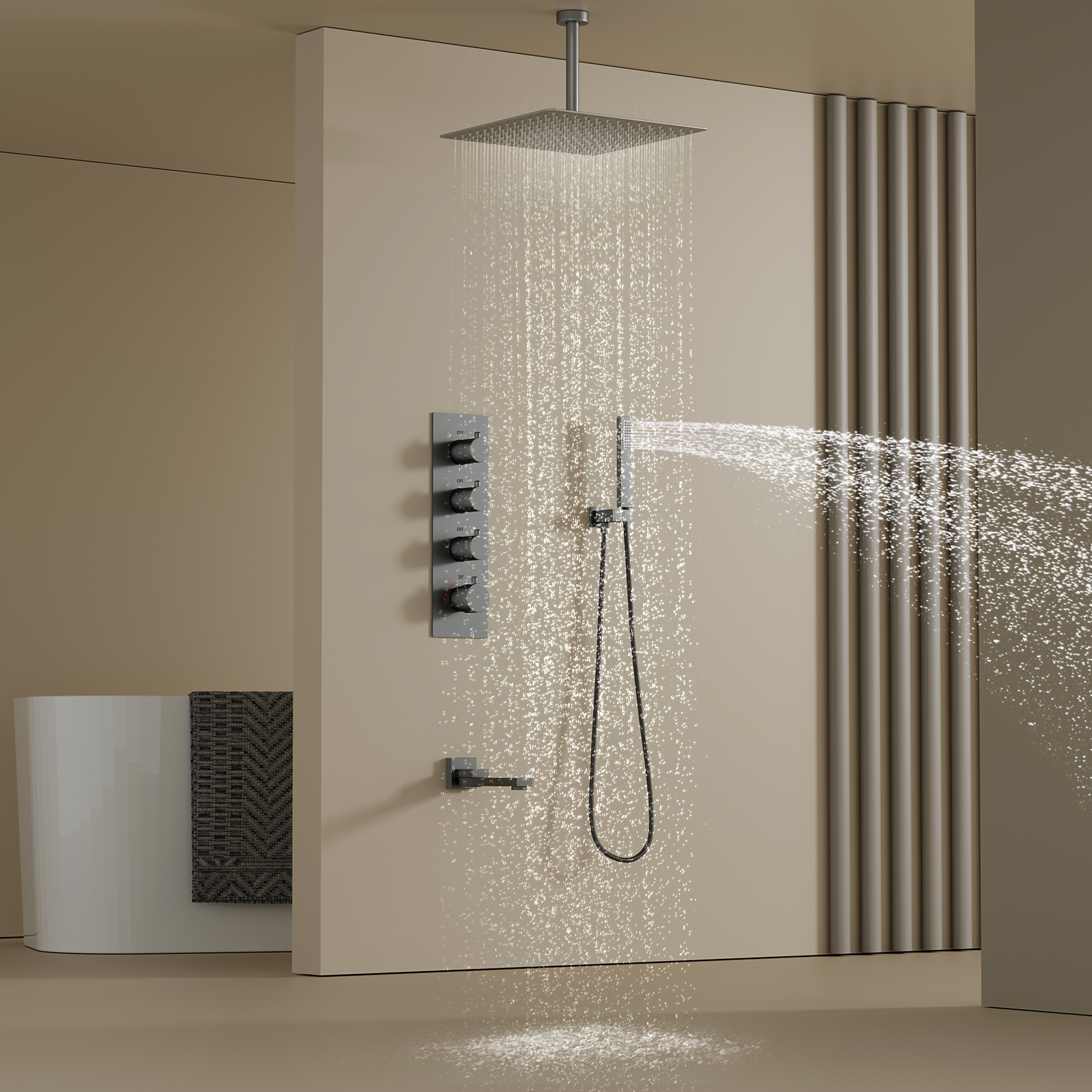 Sistema de ducha de lluvia para baño con 3 funciones, color gris pistola de latón, con cabezal de ducha y juego de manguera