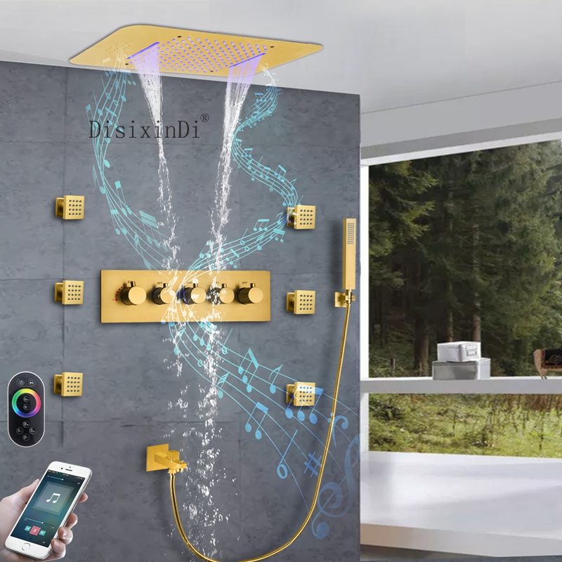 Cabezal de ducha empotrado en el techo 23*15 pulgadas música LED lluvia cascada baño sistema de grifo de ducha termostático