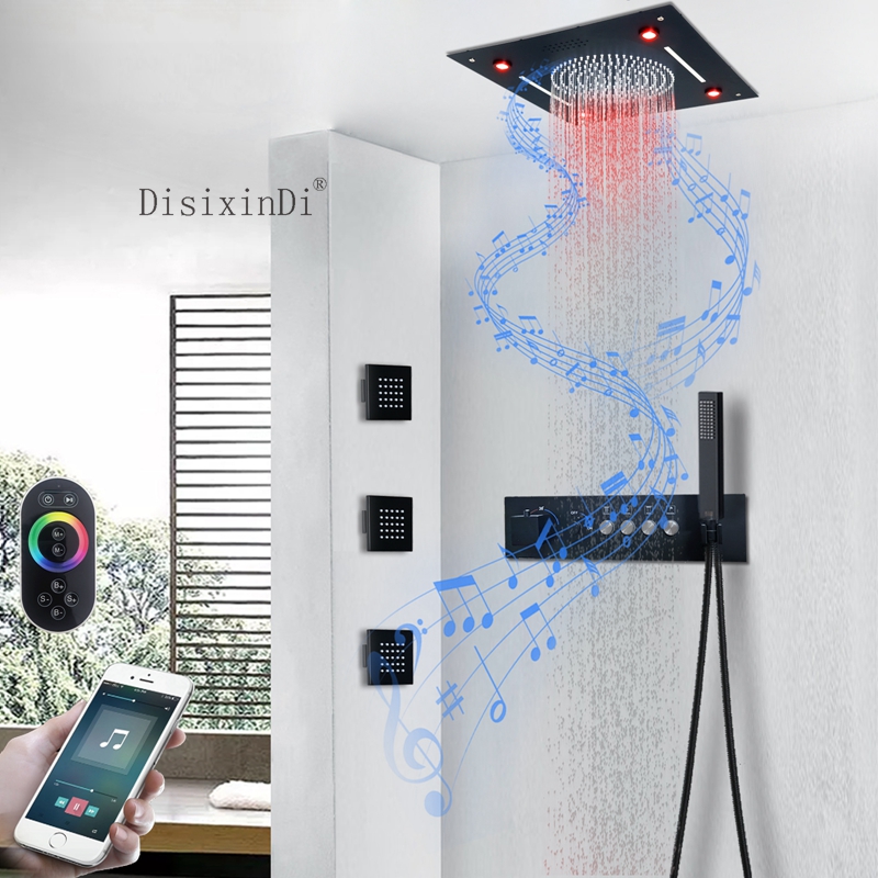 Sistema de ducha LED de 16 pulgadas, cabezal de ducha musical con cascada de lluvia, juego de mezclador de ducha termostático para baño montado en el techo
