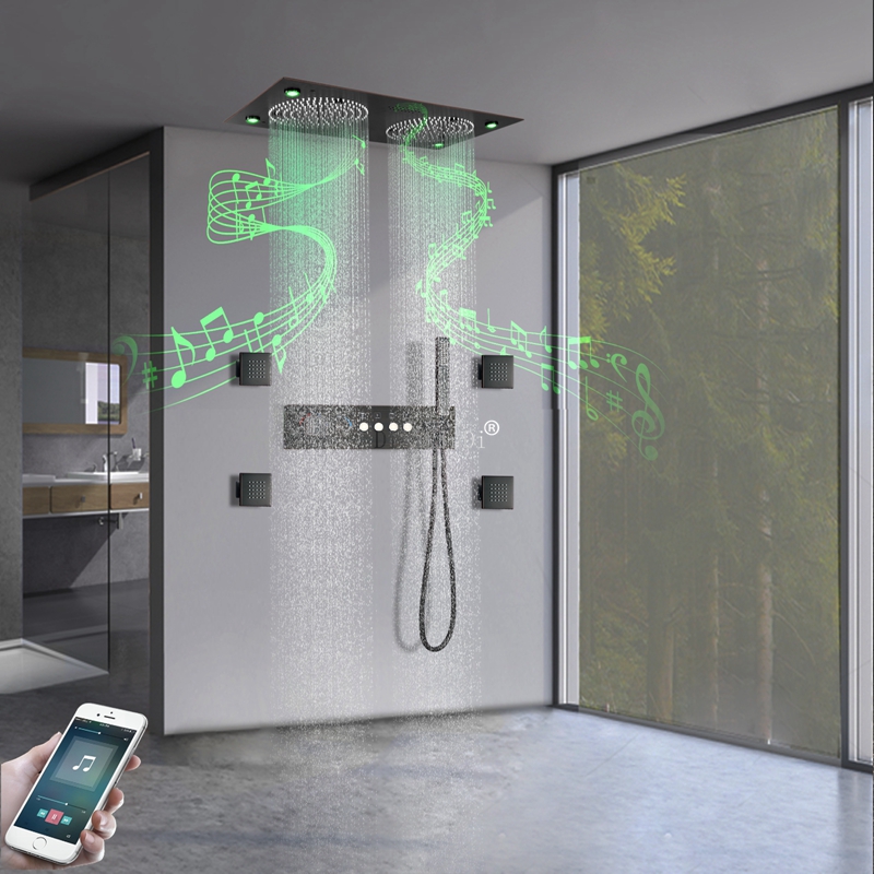 Sistema de ducha LED con música para techo, cabezal de ducha de lluvia y niebla de 25x13 pulgadas, juego de Grifo de ducha de baño termostático