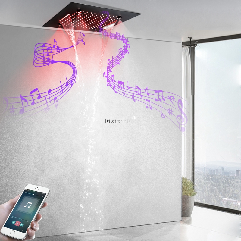 Cabezal de ducha LED para baño, 3 funciones, 500x500mm, negro mate, con altavoz musical, sistema de ducha en cascada