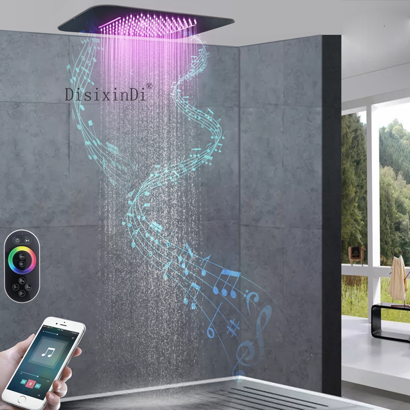 Grifo de ducha LED con Control remoto, cascada de lluvia para baño, negro mate, 580x380, con cabezal de ducha con función musical