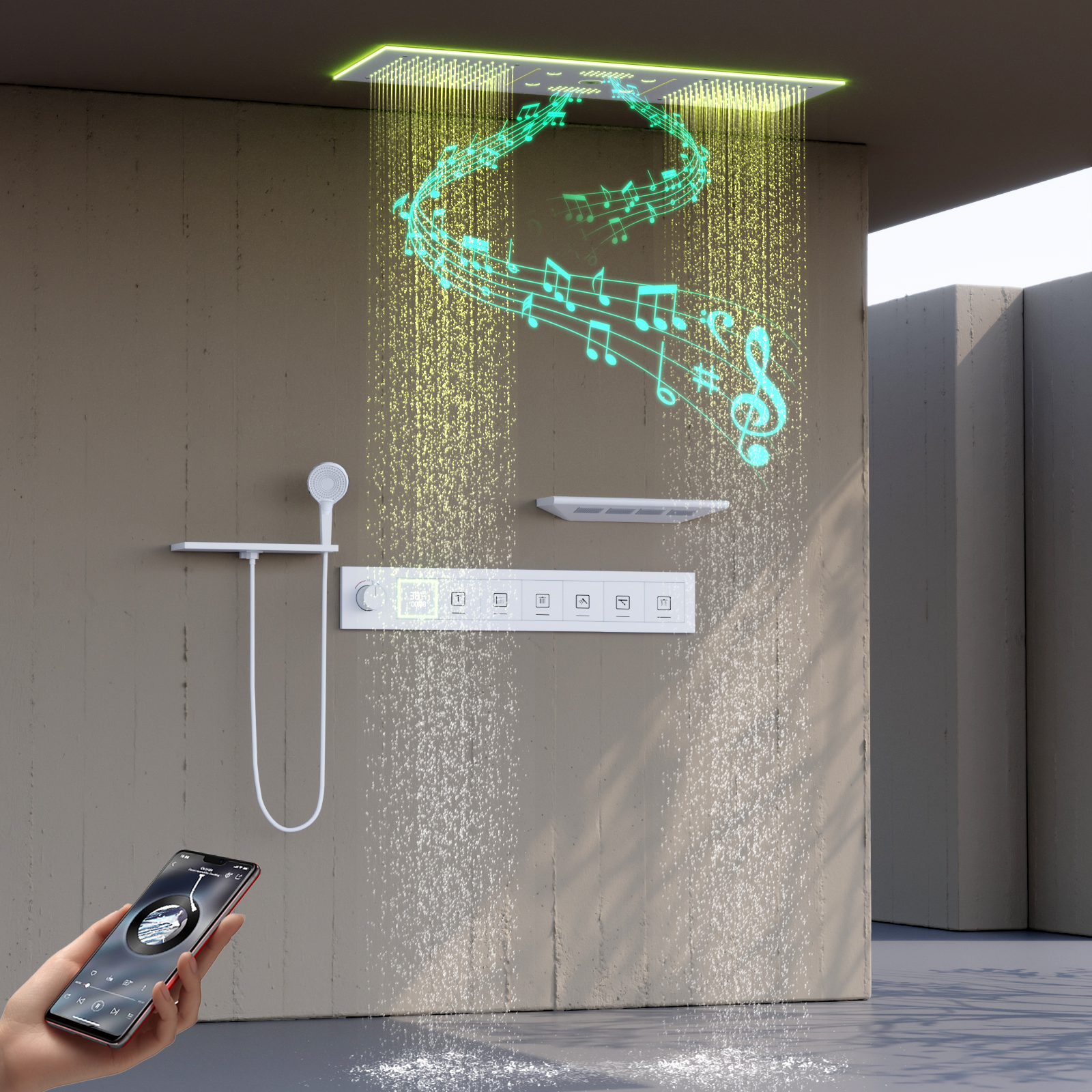 Juego de cabezal de ducha LED musical de 90x30cm, lluvia, cascada, niebla, baño, grifo de ducha de temperatura constante