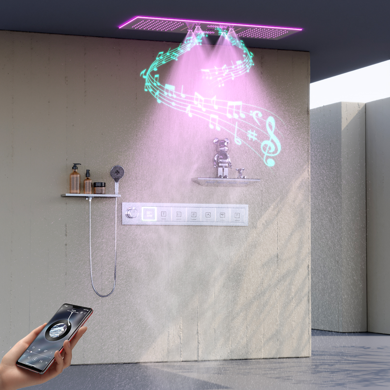 Sistema de ducha LED de 6 funciones para baño de lujo, columna de agua atomizada de 90x30cm, plato de ducha de lluvia con cabezal rociador cuadrado